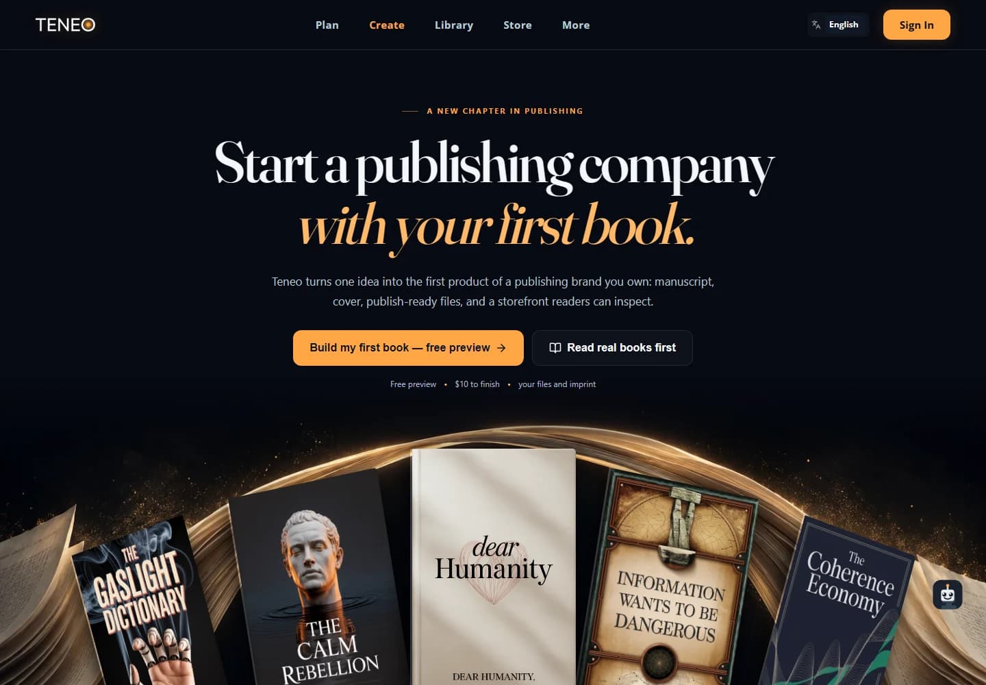 Teneo’s publishing platform, with real books and a free first-book preview